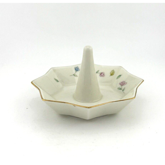 Fred Roberts Company Japan Porcelain octagon ring holder floral with gold rim - Picture 7 of 13